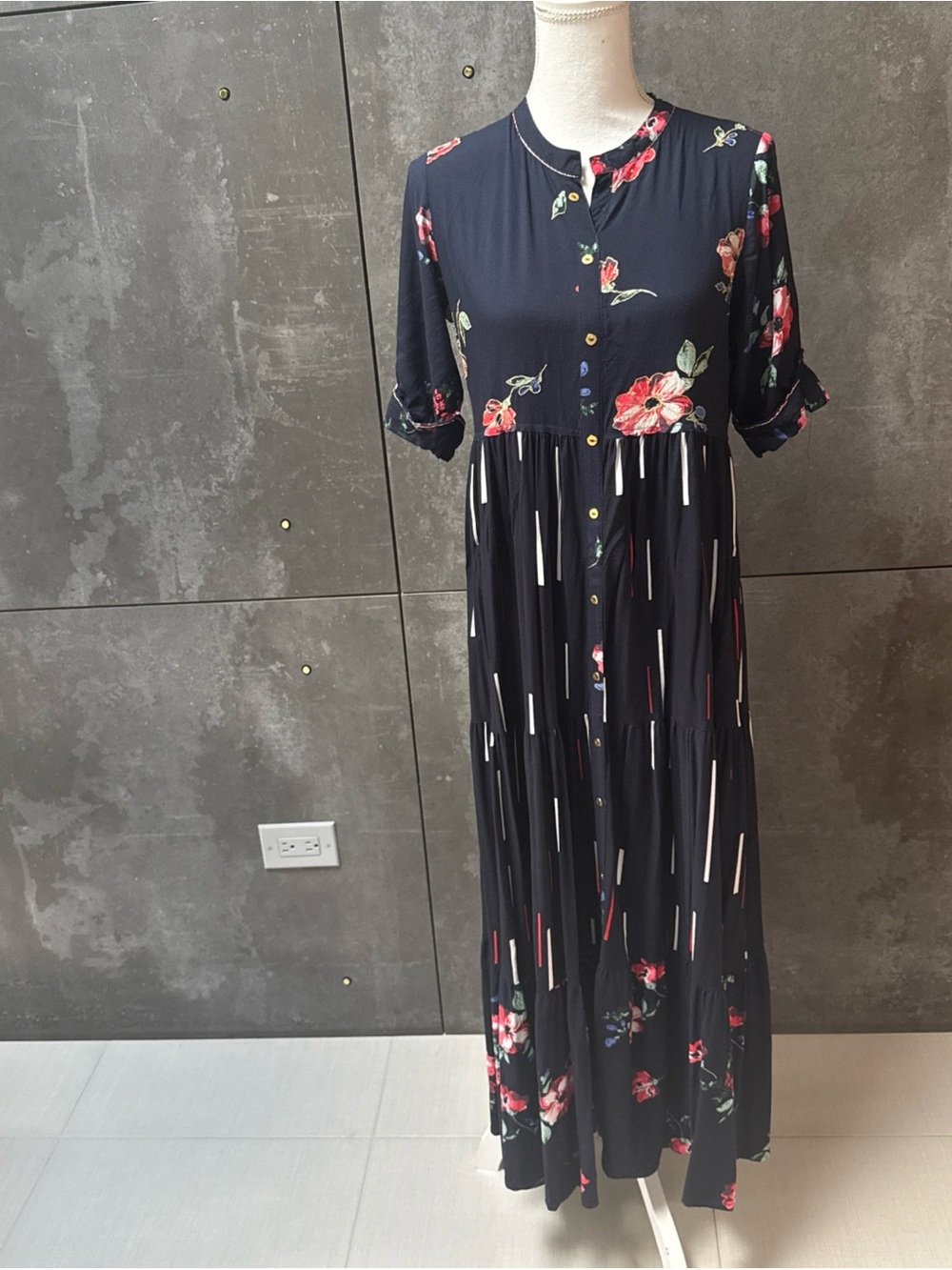 Women’s Boho Floral Maxi Dress Navy Blue Button Front 3/4 Sleeve Made in India
